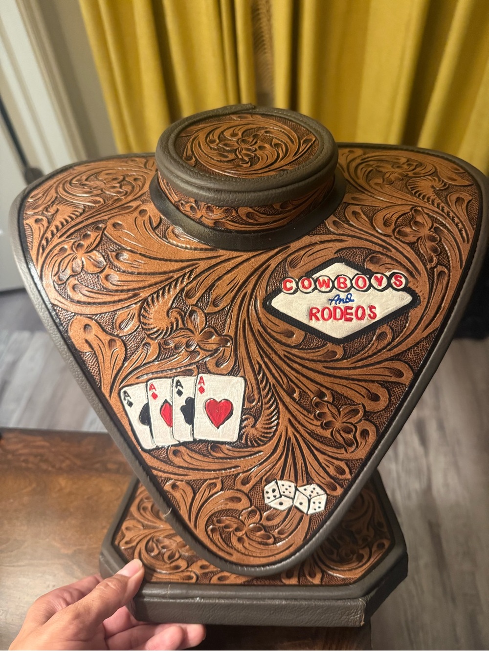 Tooled Leather Display Bust with Playing Card & 'Cowboys and Rodeos' Motif